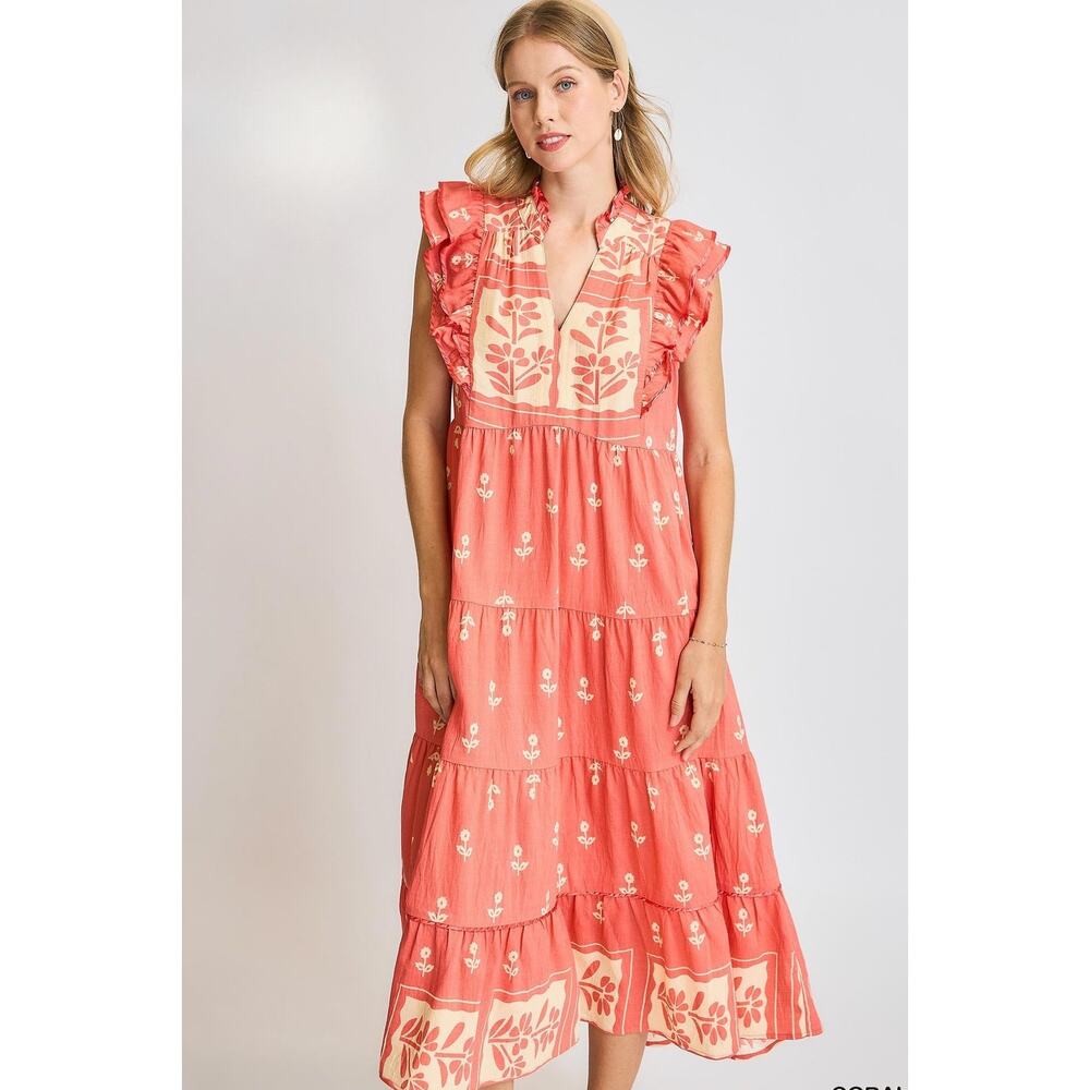 Umgee NWT Coral Floral Tiered Boho Midi Dress Flowy Sz L
